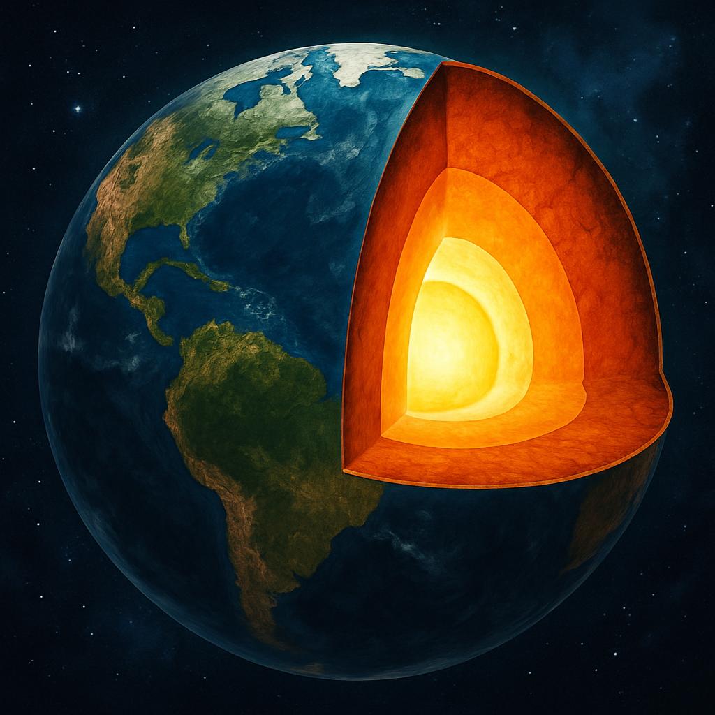 This is the alt text to describe the image: A cutaway of the Earth's interior, showcasing Earth’s core and mantle. The lef...