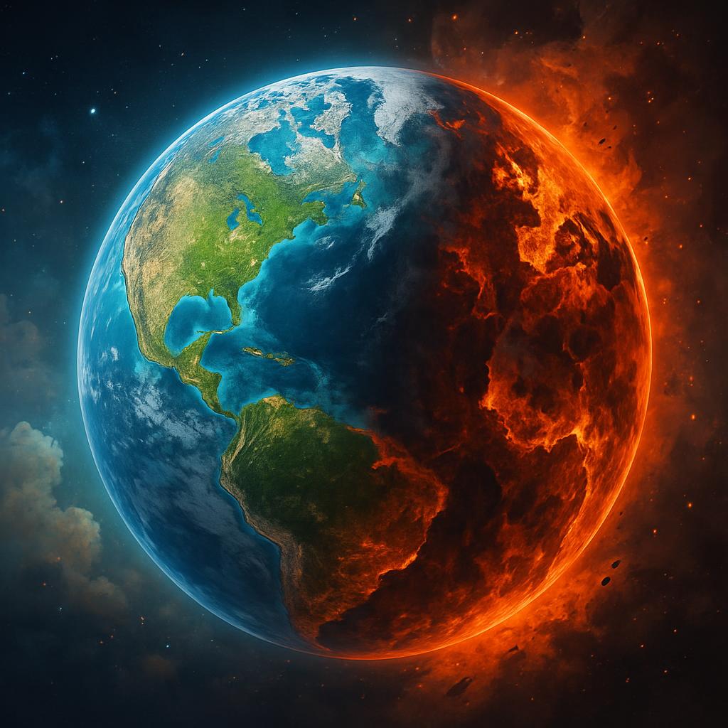 The Earth is half fire and half water, with a beautiful sky filled with stars and clouds.