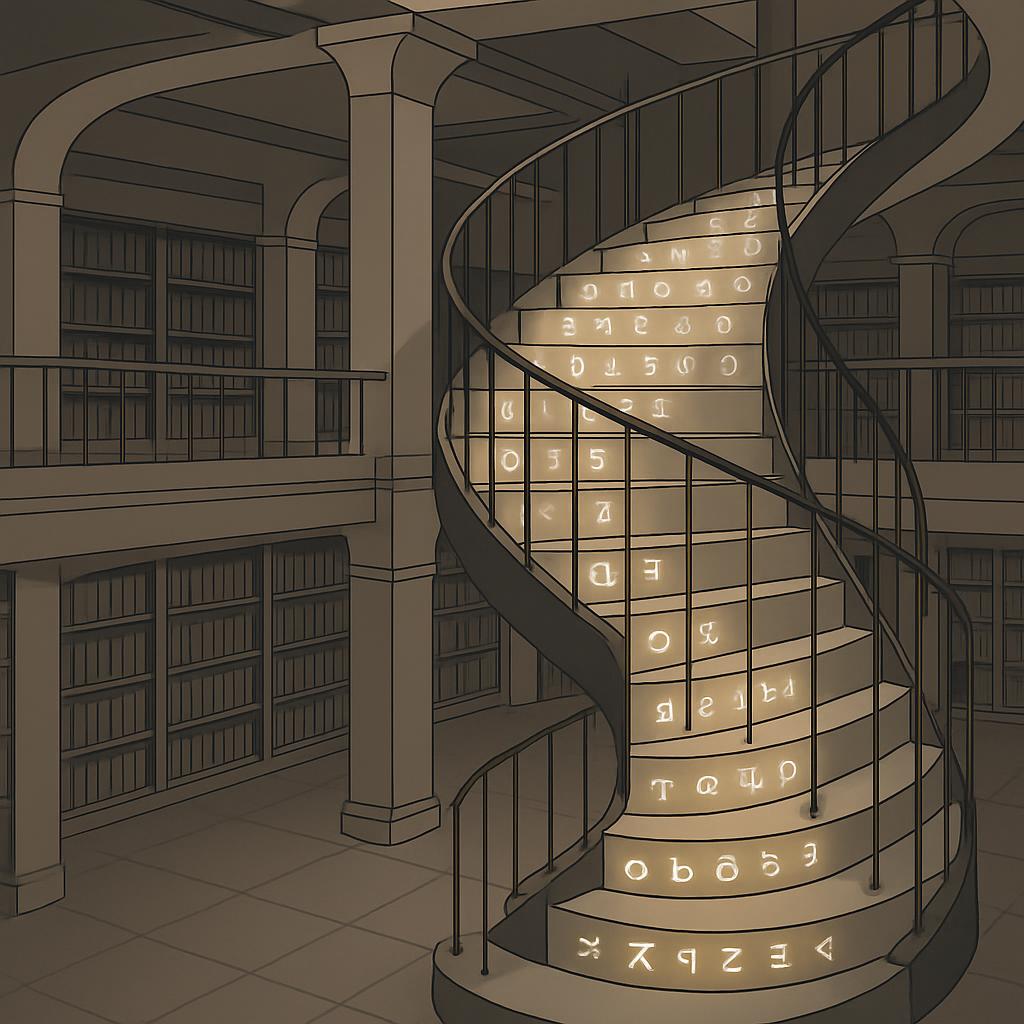 A large room with high ceilings and a spiral staircase features a library with multiple levels of tables and shelves, cont...