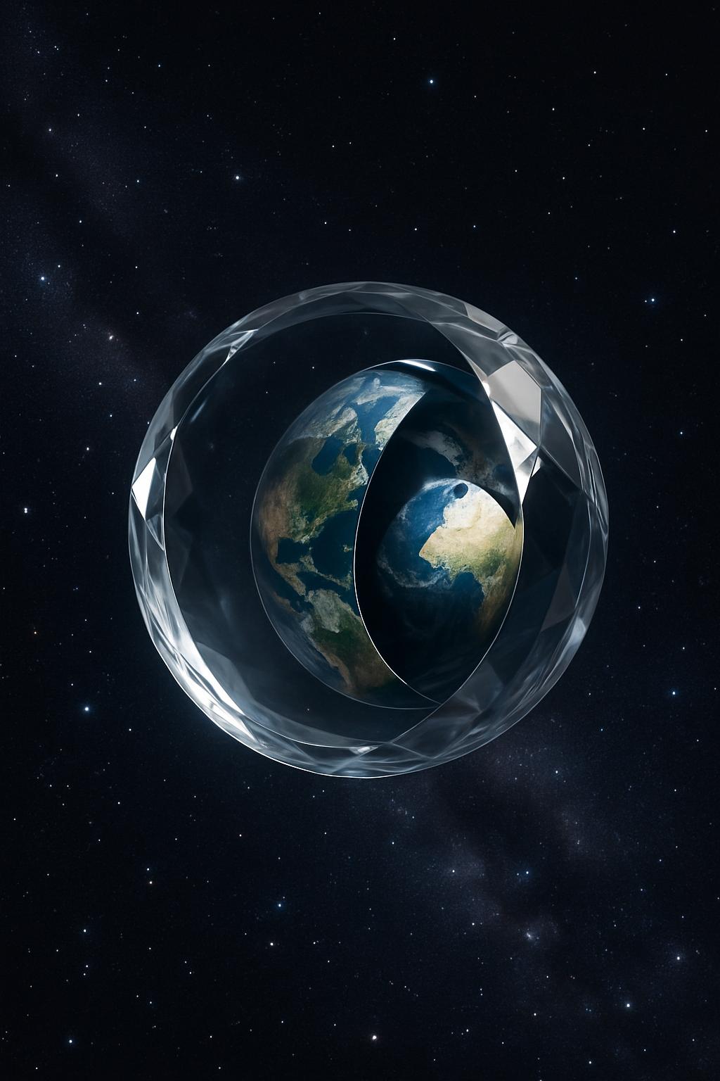 A large, transparent orb encases the Earth, revealing the planet's continents in a striking photographic pattern. The back...