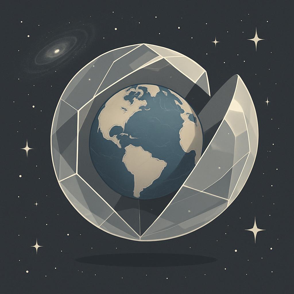 Alt Text: A stylized image of Earth in the center, enveloped by a transparent spherical object, set against a background o...
