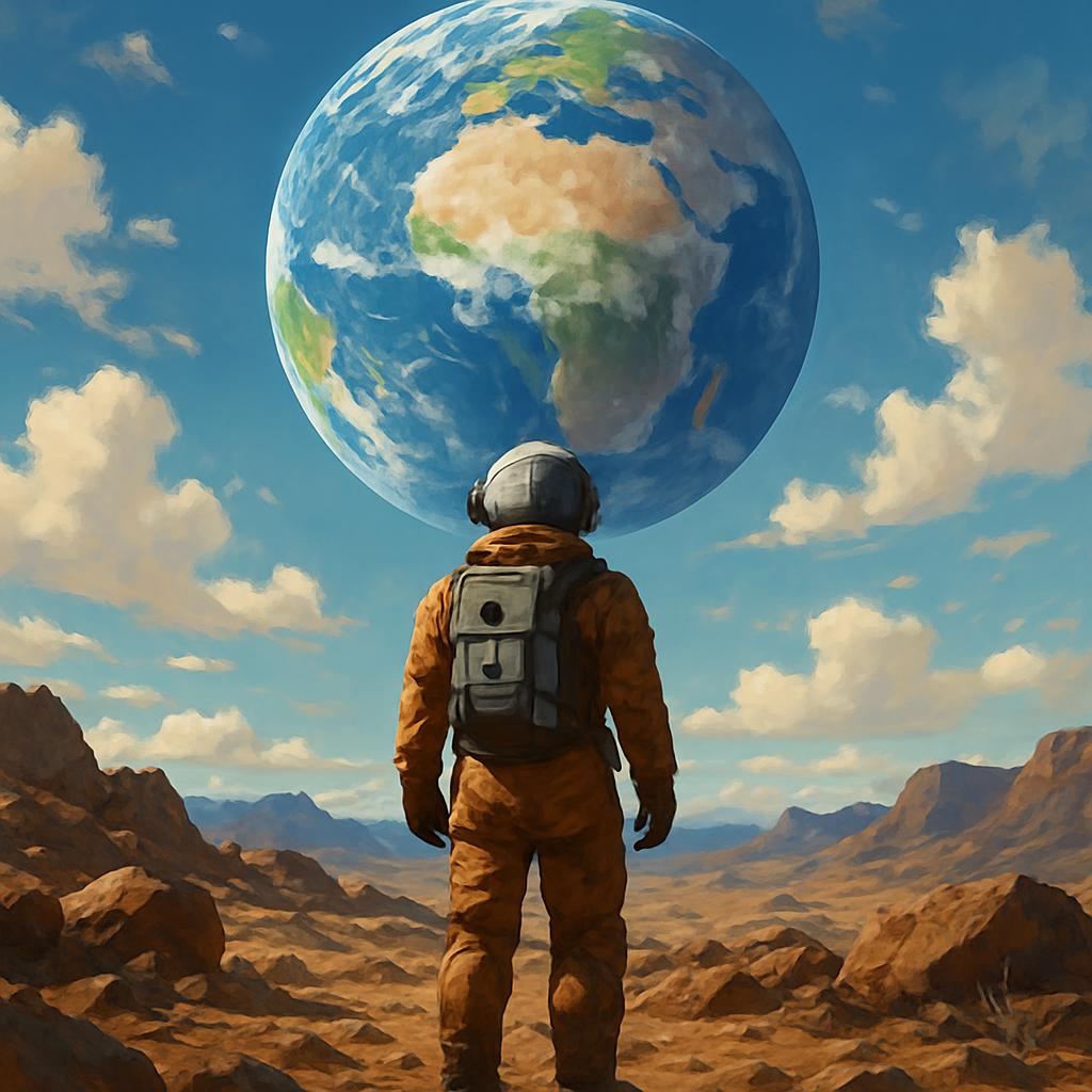 A man in an orange spacesuit standing on a rocky surface, looking up at a large blue and green planet with white clouds in...